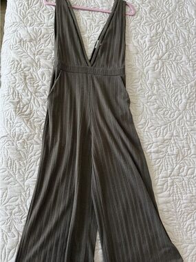 Sienna Sky Olive Ribbed Deep V-Neck Wide-Leg Jumpsuit